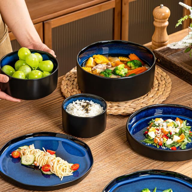 Detalle 2 de CSYY Müslischalen aus Porzellan (6-teilig), schwarz matt mit tiefblauem Innenbereich – Reisschalen & Dessertschalen bis ca. 500 ml