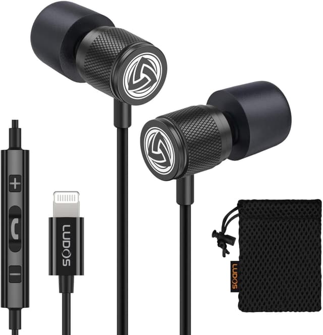 Detalle de LUDOS Ultra Lightning Wired Earphones (Apple MFi Certified) for iPhone with Microphone Control, Black