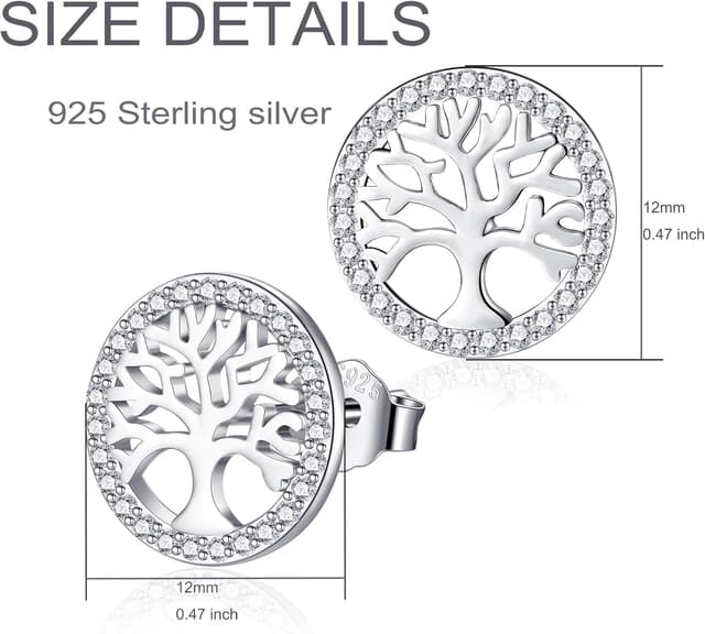 Detalle de Boucles d’oreilles Arbre de Vie Jrêveinfini en argent sterling 925 (S925), zircons brillants, Ø 12 mm, boîte cadeau incluse