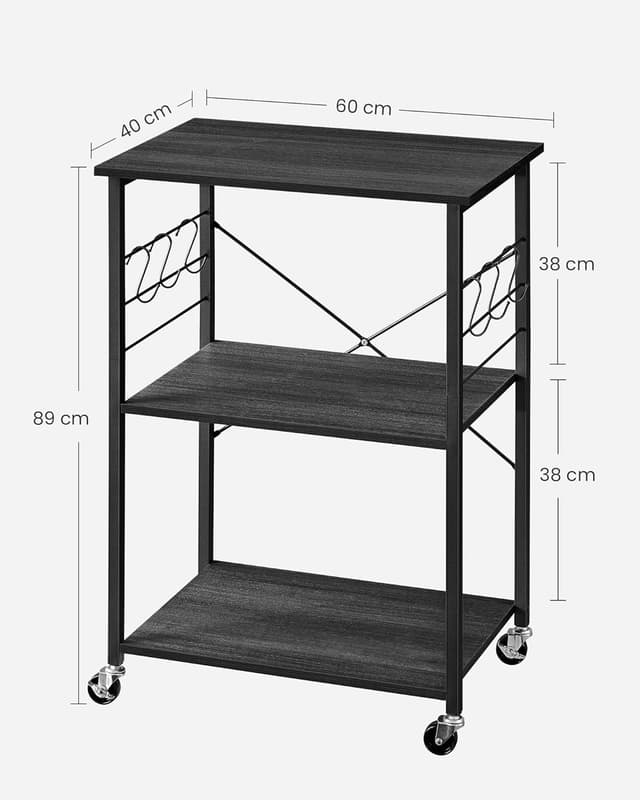 Detalle de VASAGLE Carrello da cucina su ruote con 3 ripiani e 6 ganci KKS060B42, 40 x 60 x 89 cm (nero)
