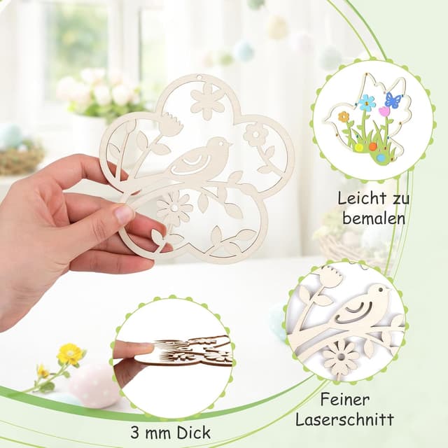 Detalle de ARTREE 24 Holz Bastelset Kinder – Anhänger zum Bemalen mit Stiften & Stickern ab 4 Jahren