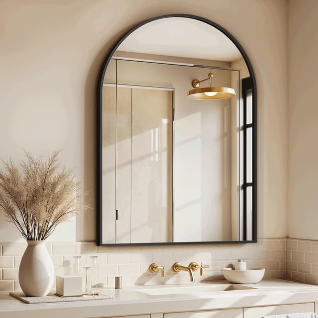 Detalle 2 de 30"x20" Arched Black Wall Vanity Mirror with Metal Frame (Shatterproof Glass, Matte Black)
