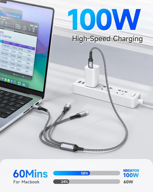 Detalle de NINGKPOW 100W 3‑in‑1 Multi Charging Cable 50cm