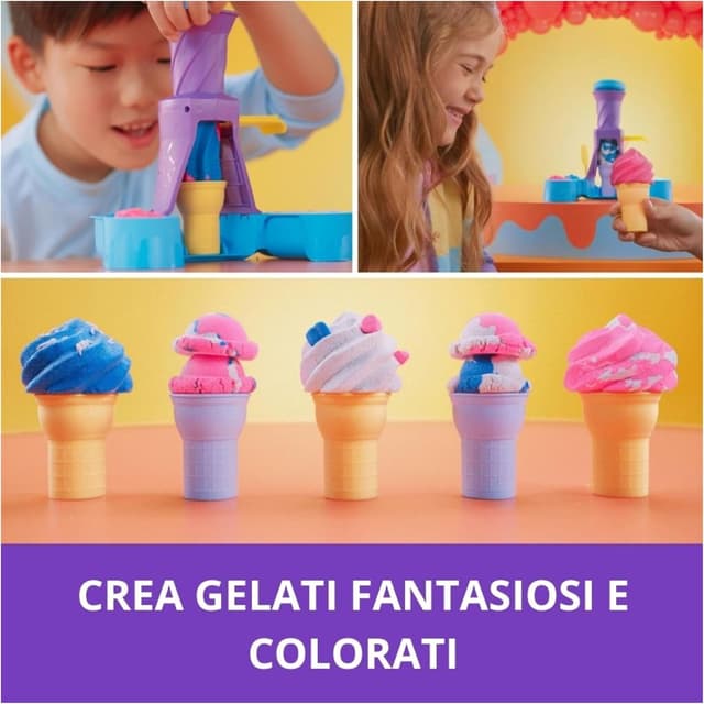 Detalle 2 de Kinetic Sand Gelateria Colorata 396 g con sabbia blu, rosa e bianca, 2 coni e strumenti decorazione (3+ anni)