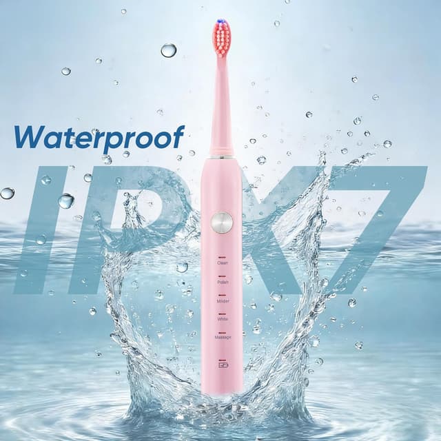 Detalle de Yoomue Sonic Electric Toothbrush for Adults & Kids (Pink) with 5 Modes, 8 Replacement Heads & IPX7