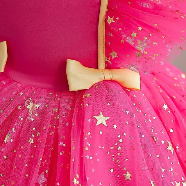 Detalle de NNJXD hot pink princess tutu dress with gold star sequins and satin bodice