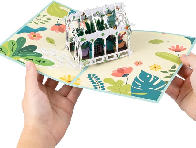 Detalle 2 de White Glass Greenhouse pop-up greeting card set with blank note & envelope