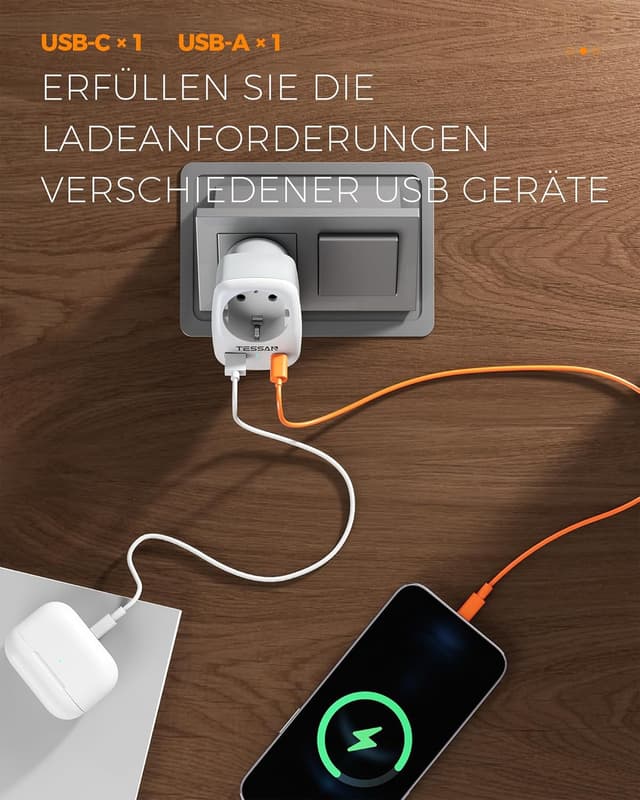 Detalle de TESSAN 2er Pack Reiseadapter USA (3-in-1) mit USB-C und USB-A – für USA/Kanada/Mexiko/Thailand, 1250 W