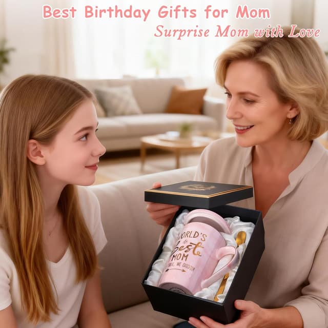 Thumbnail 6 de Mothers Day Birthday Gifts for Mom from Daughter Son – 14oz Funny “World’s Best Mom” Mug Set in Pink Marble with Gold Print (Gift Boxed Set)