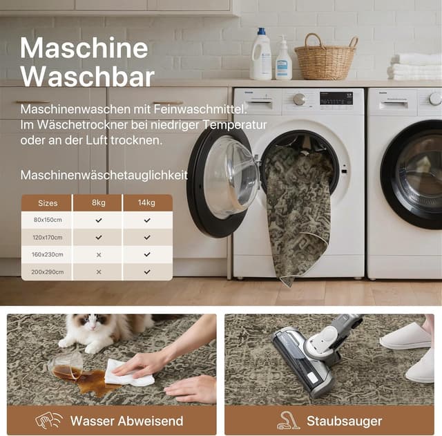 Detalle de Tapis BEIMO Salon 180x270 cm style vintage sauge, antidérapant et lavable en machine