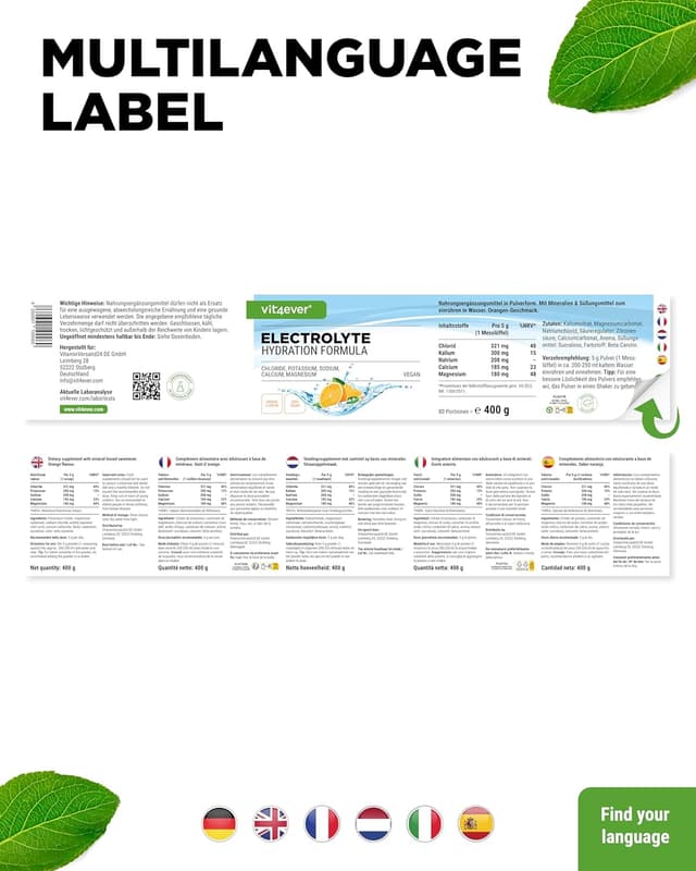 Detalle 2 de vit4ever Elektrolyte Hydration Formel – 400 g Pulver, Orangen Geschmack (80 Portionen, zuckerfrei, vegan)