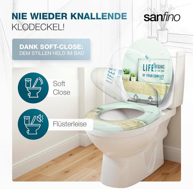 Detalle de SANFINO Premium WC Sitz mit Absenkautomatik „Life“ – Toilettendeckel aus Holz, einfache Montage