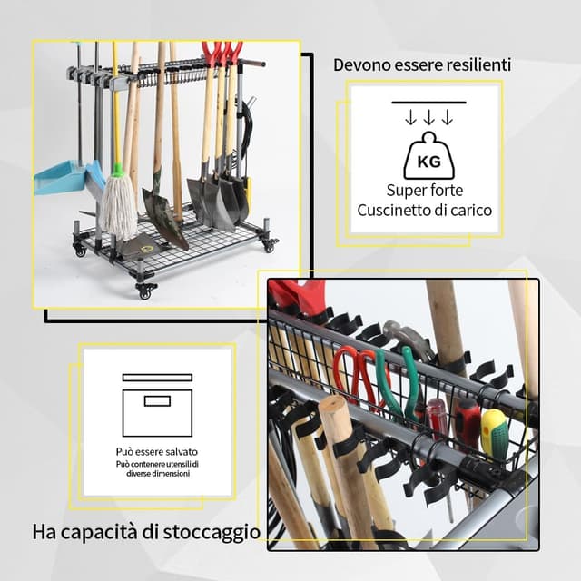 Detalle de QTJH Mehrzweck-Gartengeräte-Aufbewahrungsregal mit Rollen und Klemmsystem (bis zu 20 Langstielgeräte)