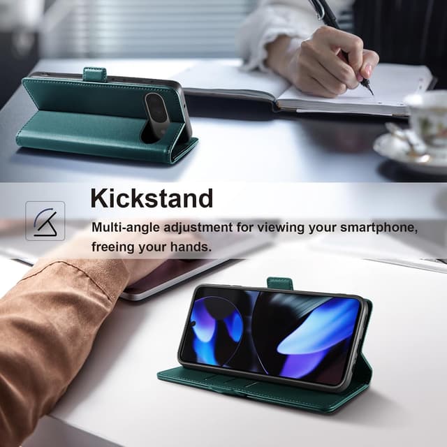 Detalle 2 de Yunubeyii Handyhülle für Google Pixel 9/9 Pro mit Kartenfächern (RFID Blocker) und Magnetverschluss – Klapphülle mit Stand, grün