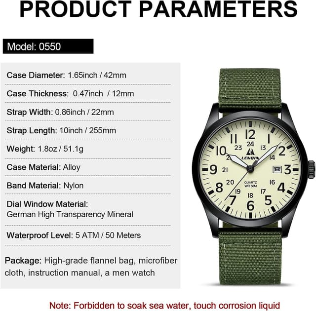 Thumbnail 4 de LENQIN Militäruhr Herren mit Datum 30M Nylon-Armband