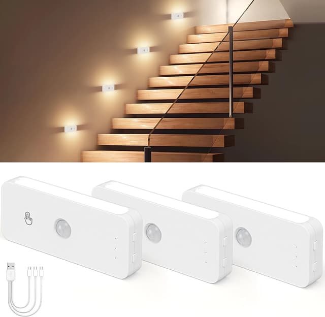Detalle de WUYOR Nachtlicht mit Bewegungsmelder für Treppe & Flur, wiederaufladbar, 3 Farbtemperaturen (3er-Set)