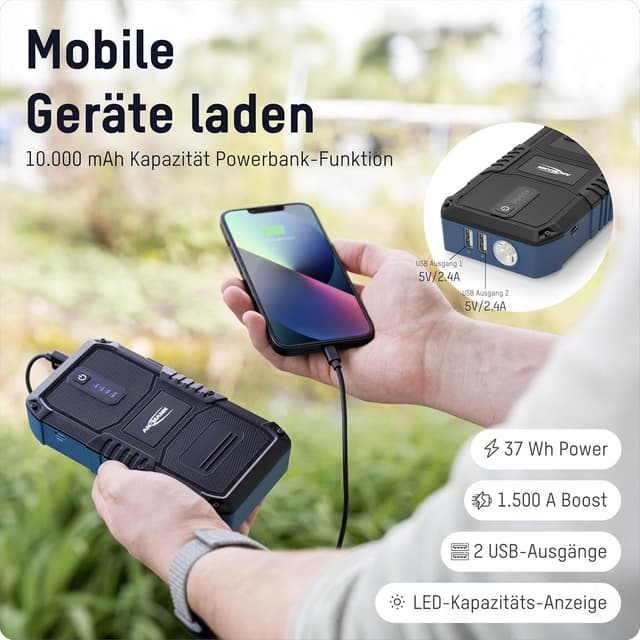 Detalle 2 de ANSMANN Starthilfe-Powerbank 1500A für 12V-Fahrzeugbatterien (Auto, Motorrad & Boot) inkl. Taschenlampe