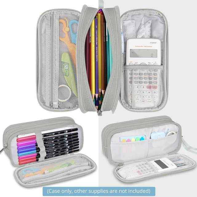 Detalle 2 de FINPAC Trousse à crayons grande capacité gris, 3 compartiments (23,9 x 10,9 x 8,9 cm)