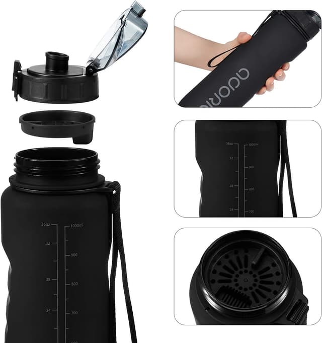 Detalle de ADORIC Sports Water Bottle 1L (Black) – BPA-free Tritan, leak-proof flip top with filter