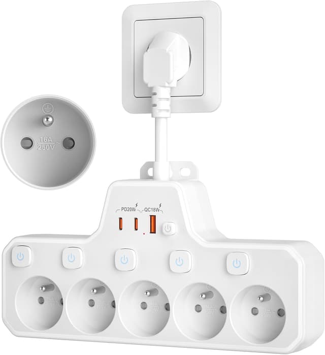 Detalle de Multiprise murale 5 prises françaises avec interrupteur individuel et USB C PD20W (blanc)