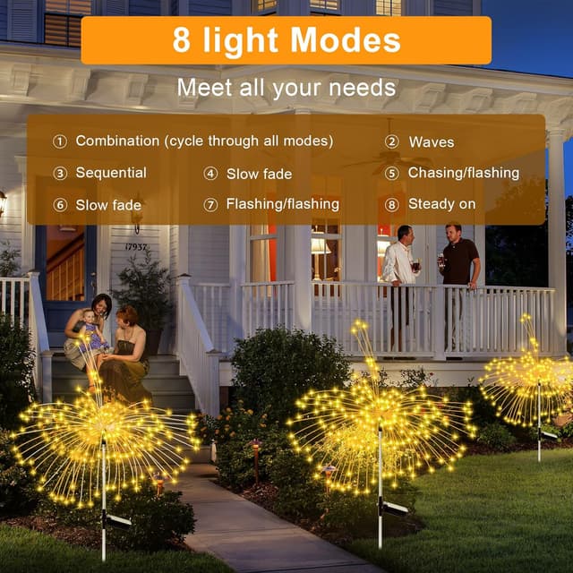 Detalle de Solar Lights Outdoor Garden Solar Firework Starburst Stake Lights (120 LEDs, 8 Modes) – 4 Packs, Warm White
