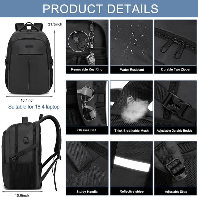 Detalle de Sac à dos ordinateur portable WENIG 18,4 pouces 55L avec port USB, anti-vol et tissu imperméable (noir)