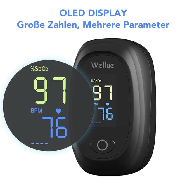 Detalle de Finger-Pulsoximeter für Erwachsene & Kinder (SpO2 und Puls) – Fingeroximeter Oxymetergerät, Schwarz
