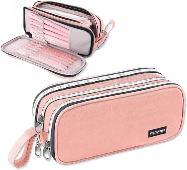 Detalle de COLOCASTLE Federmäppchen groß mit 3 Fächern (Rosa) – Pencil Case für Schule, Büro & Teenager