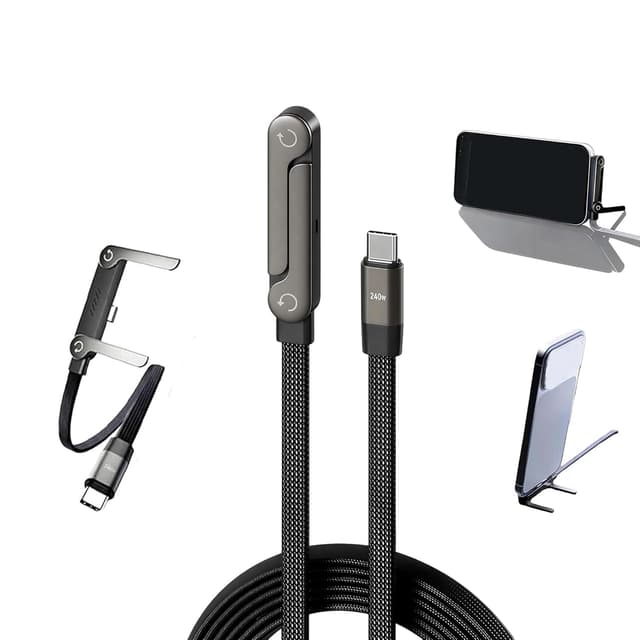 Detalle de Baomaeyea 2-in-1 Invisible Holder Charger Cable (240W fast charging, 5ft) with foldable 360° stand