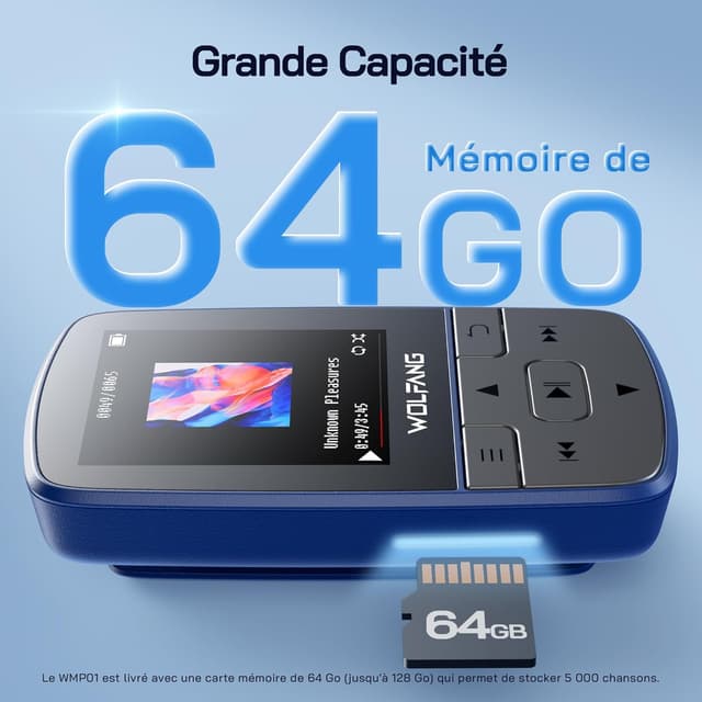 Detalle 2 de Lecteur MP3 WOLFANG WMP01 avec Bluetooth 5.2, 64 Go et clip sport (mini, 28,3 g)
