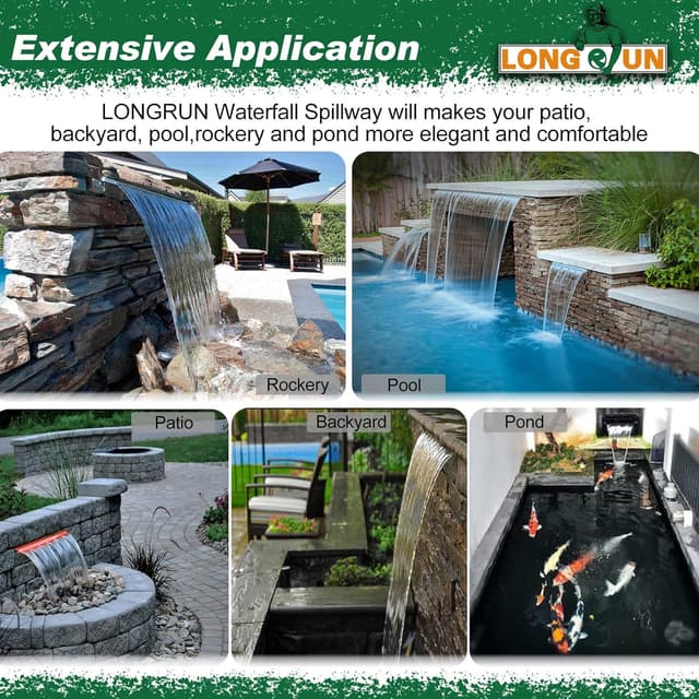 Detalle de LONGRUN Pool Wasserfall Bachlaufsets für den Garten – Acryl-Wasserfontäne mit Farbwechsel-LED (für 30 cm)