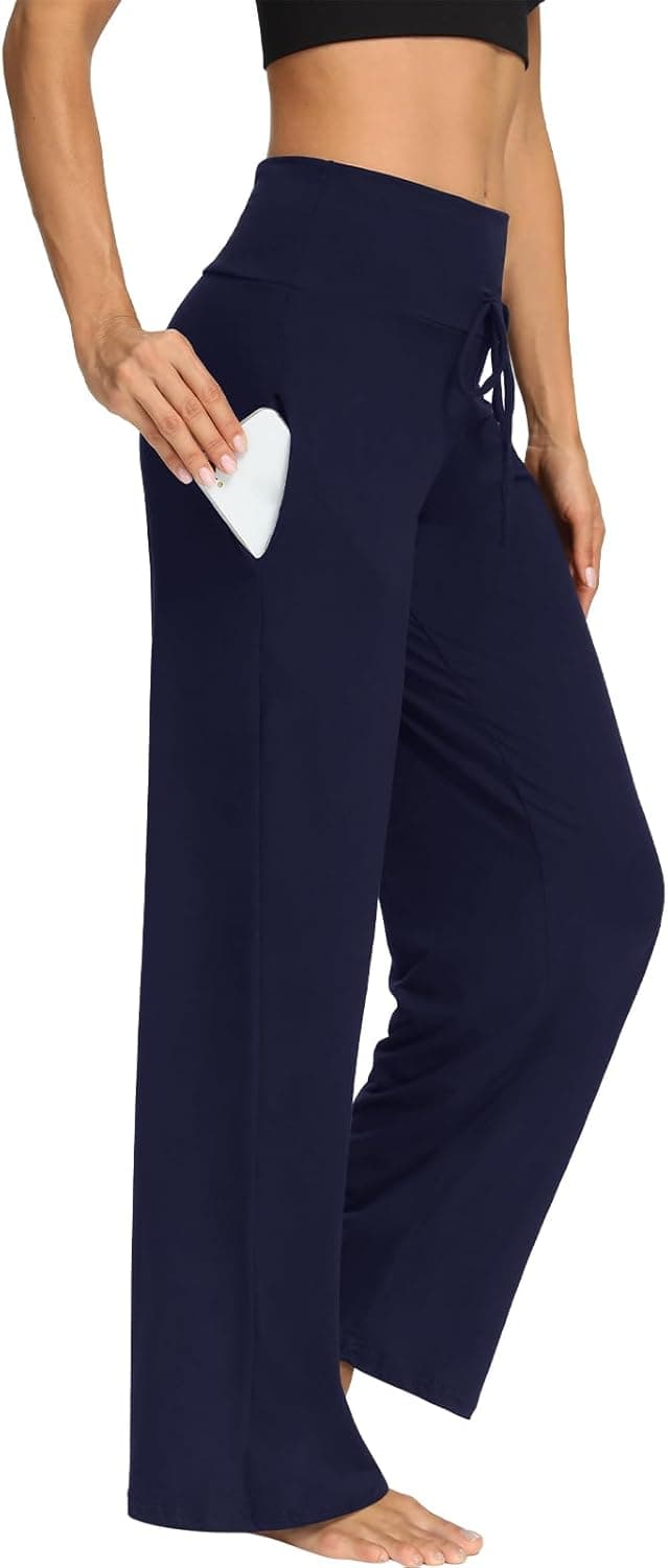 Detalle de DDOBB women’s wide-leg yoga pants with pockets, high waist stretch and tummy control