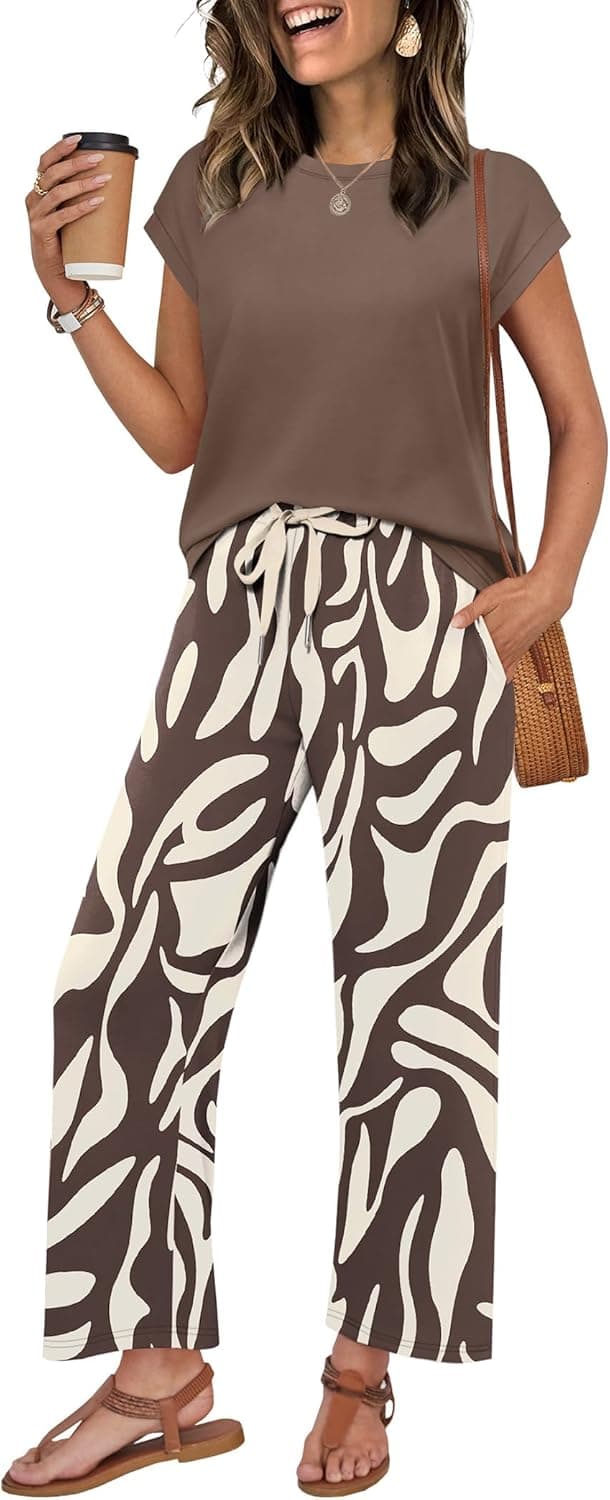 Detalle 2 de WIHOLL Women’s Two-Piece Lounge Set (Round Neck Cap Sleeve Top + Wide-Leg Pants)