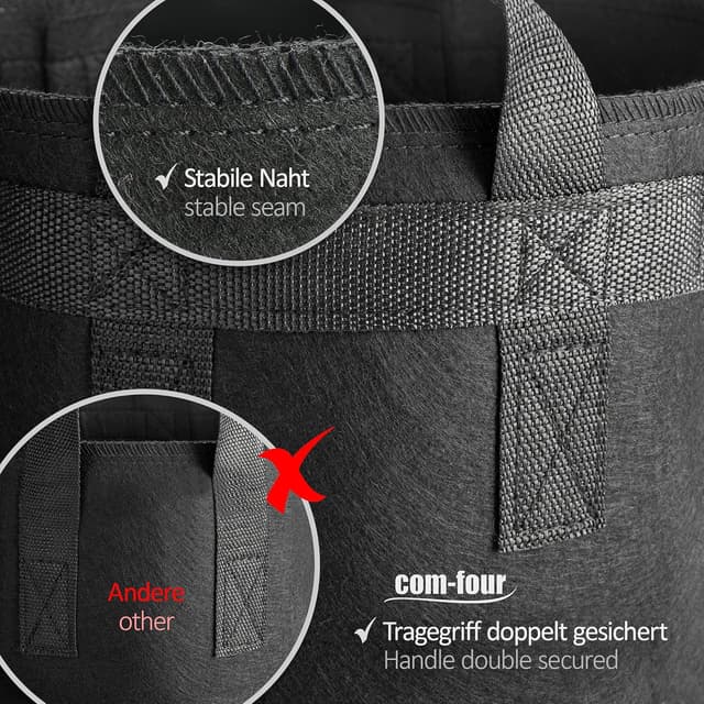 Detalle 2 de com-four® confezione da 5 sacchi per piante da 60 L con manici (nero)
