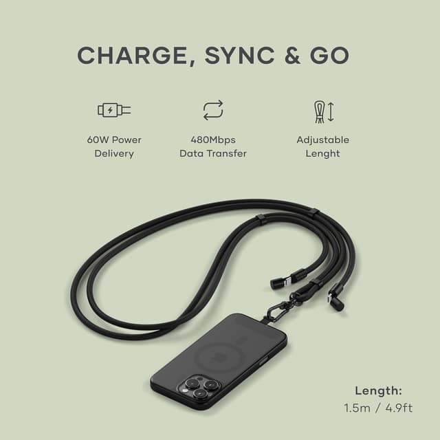 Detalle 2 de Satechi OntheGo USB-C Lanyard Cable (60W fast charging, 480Mbps data) with crossbody strap – Black
