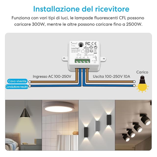 Thumbnail 6 de LoraTap kit interruttore wireless con telecomando e ricevitore RF (2 telecomandi + 1 ricevitore), 220V/230V