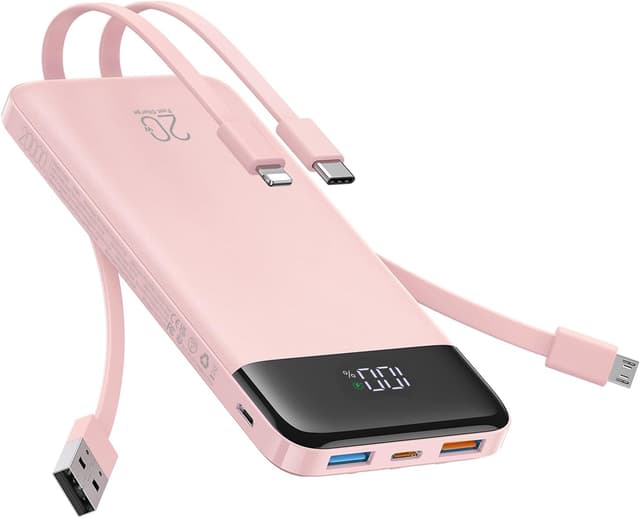 Detalle de Charmast Power Bank 22.5W (20,000mAh) with Built-in 4 Cables, 6 Outputs & 4 Inputs – Pink