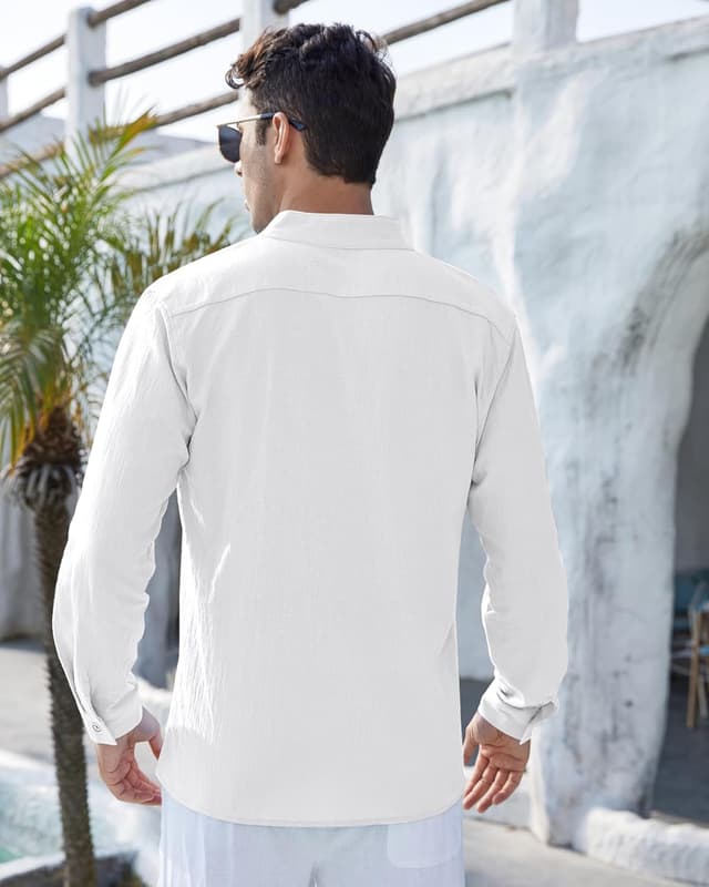 Detalle de NANAMEEI chemise homme en lin et coton à manches longues, col mao boutonné