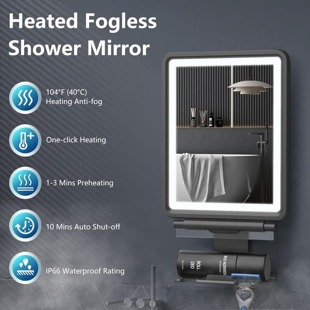 Detalle 2 de Heated Fogless Shower Mirror for Shaving with Razor Holder, Rechargeable Anti-Fog Mirror and Stepless Dimmable Lights