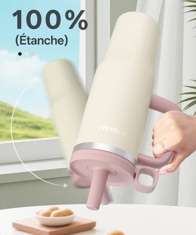 Detalle 2 de Mug Isotherme Isotherme avec paille et poignée 1200 ml, couvercle étanche (beige)