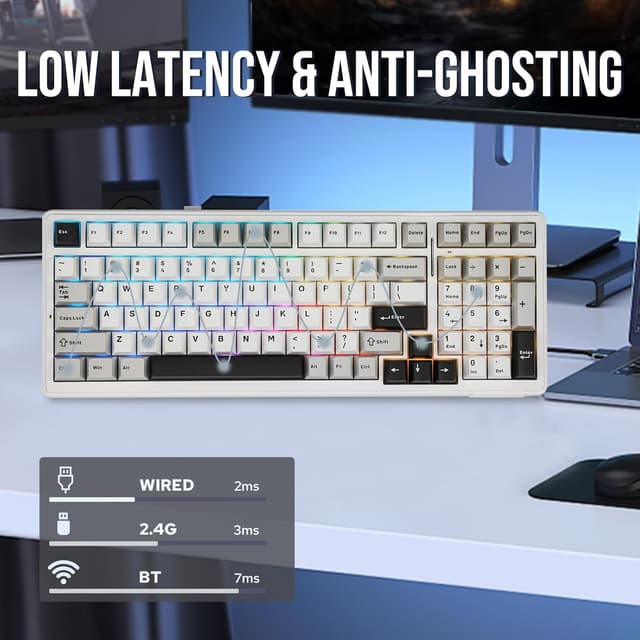 Detalle de EPOMAKER x Aula F99 Wireless Mechanical Keyboard (White Grey, Graywood V3) — Hot-Swappable, Gasket-Mounted, BT/2.4GHz/USB-C