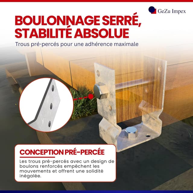 Detalle de GeZu Impex support de poteau en U galvanisé à chaud 141 x 150 mm avec striures pour platines bois