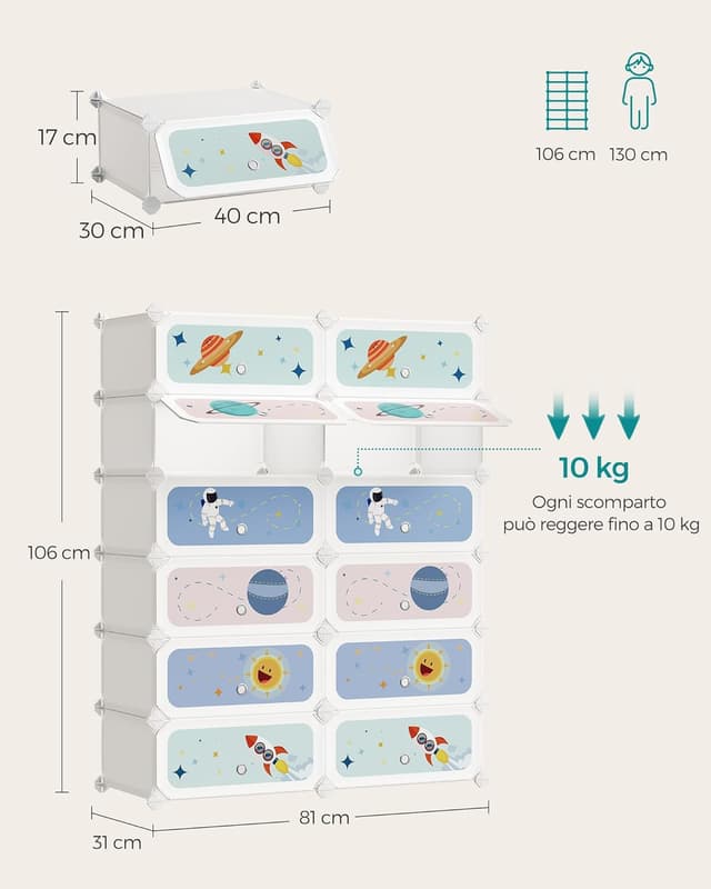 Detalle de SONGMICS Scarpiera a 12 scomparti per bambini con ante e motivi stellari LPC907W01, 31 x 81 x 106 cm