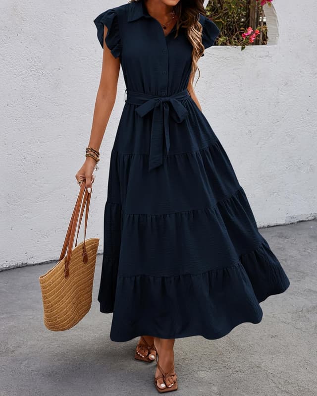 Detalle 2 de dowerme Women’s Summer Boho Maxi Dress with Ruffle Cap Sleeves, V-Neck, Button Front & Pockets (2026)