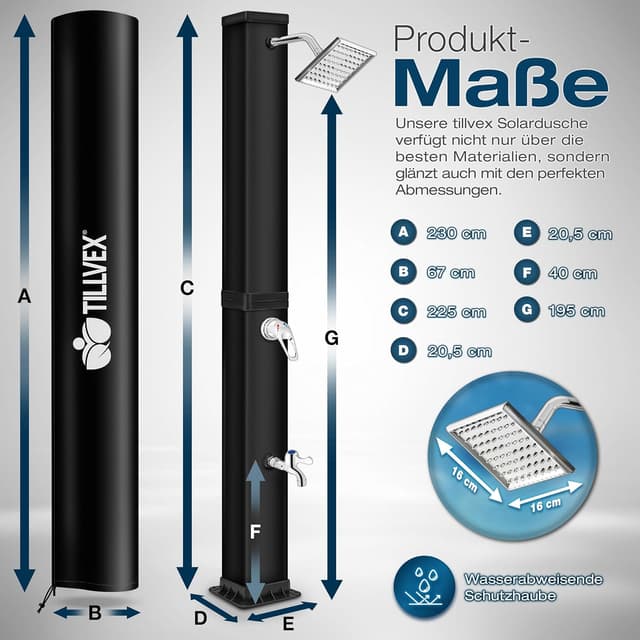 Detalle 2 de tillvex Solardusche 40 Liter (schwarz) inkl. Schutzhaube – Solar-Duschsystem ohne Stromanschluss