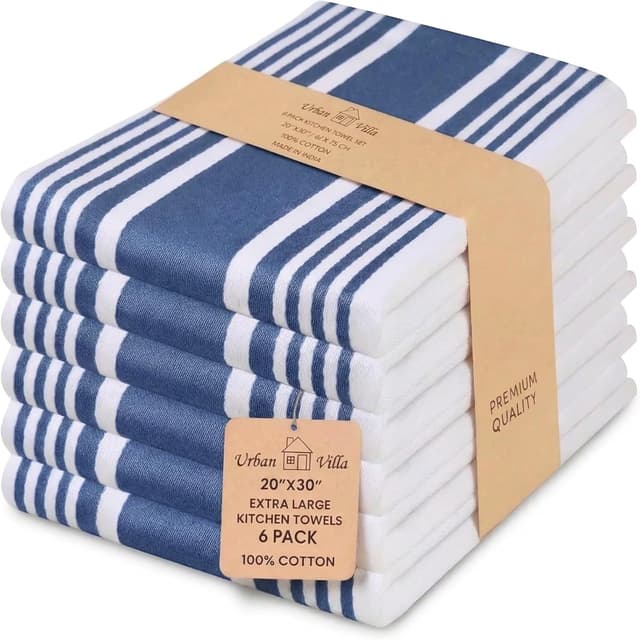 Detalle de Urban Villa Kitchen Towels Set (Blue & White Striped) — 100% Cotton Dish Cloths, Set of 6, 20x30 Inch