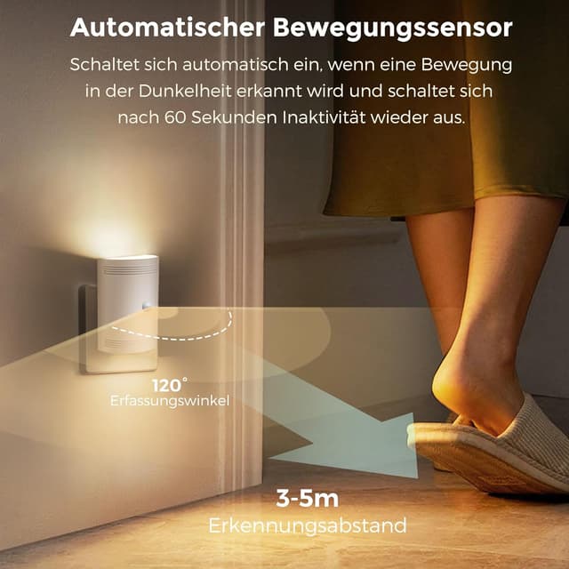 Detalle 2 de LOHAS-LED Nachtlicht mit Bewegungsmelder (Warmweiß 3000K), dimmbar 0–100 lm – Steckdosen-Nachtlicht für Kinderzimmer, Flur & mehr