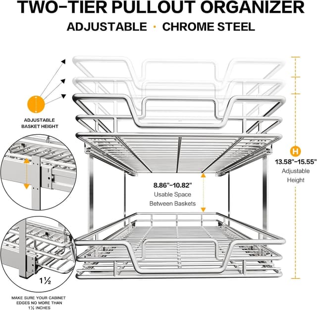 Detalle de QUYUWU 2-Tier Stainless Steel Pull-Out Kitchen Cabinet Shelf & Drawer Organizer (15" W x 18" D)