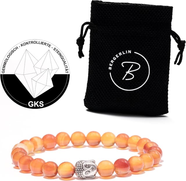 Detalle 2 de BERGERLIN Buddha Armband mit Karneol-Perlen (Naturstein geprüft in Deutschland) – Natursteinarmband mit Echtheitszertifikat
