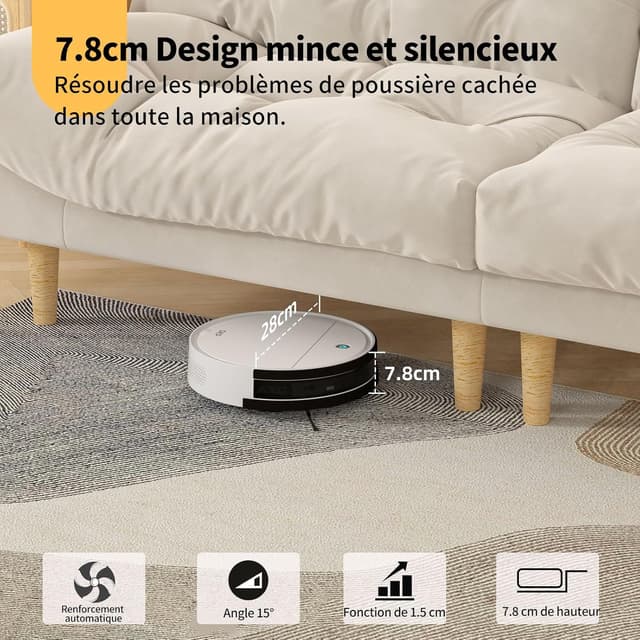Detalle 2 de OKP K5 : aspirateur robot mince 7,8 cm avec télécommande, lavage et aspiration 2500 Pa